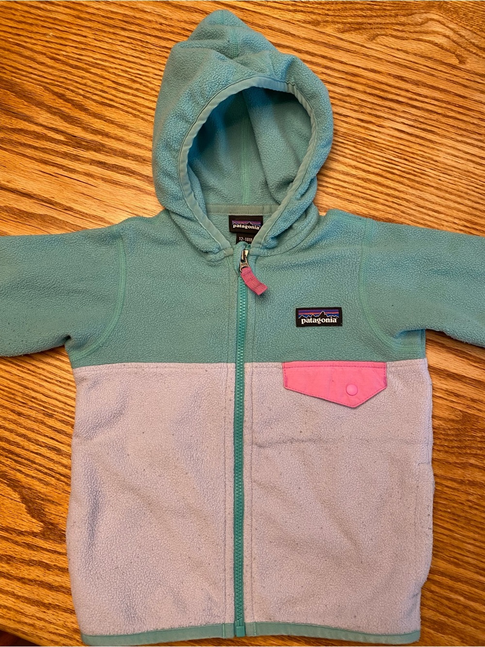 Patagonia Kids Colorblock Fleece Hoodie in Aqua, Light Purple & Pink Pocket